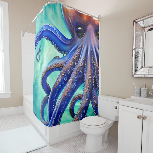 Dreamy Octopus Blue Ocean Wave Pop Art Shower Curtain (In Situ)