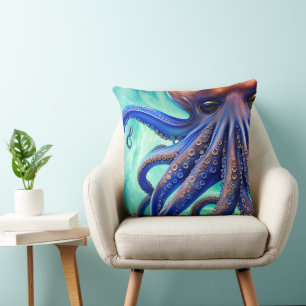 Dreamy Octopus Blue Ocean Wave Pop Art Throw Pillow