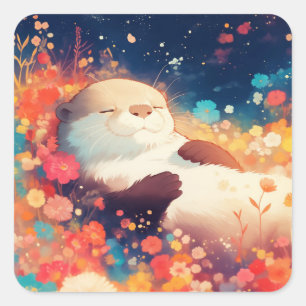 Dreamy Otter Sticker Resting in a Colorful Meadow