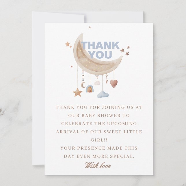 Dreamy Over the Moon blue baby shower Thank You Card (Front)