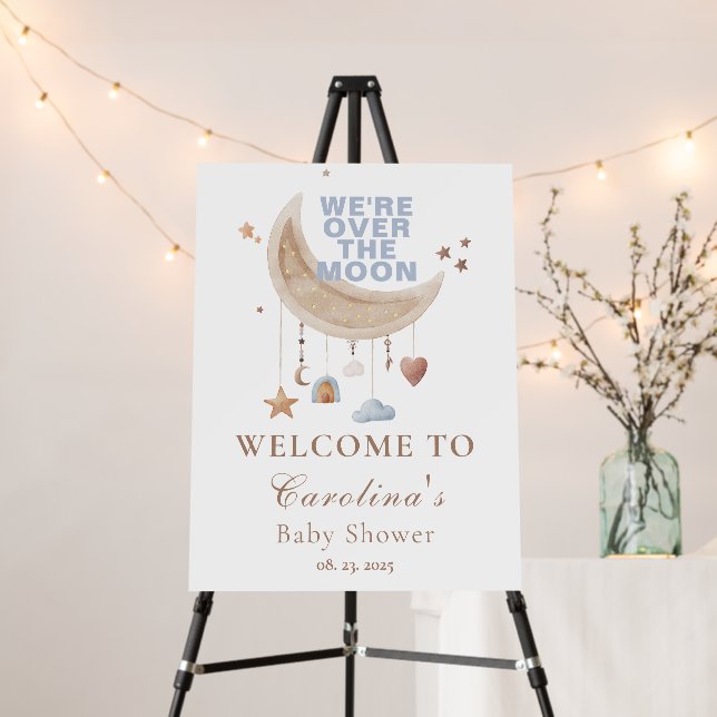 Dreamy Over the Moon blue baby shower  welcome Foam Board (In Situ (Stand))