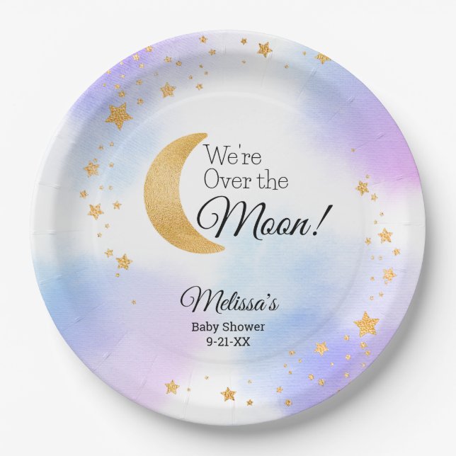 Dreamy Over the Moon Gender Neutral Baby Shower Paper Plates (Front)