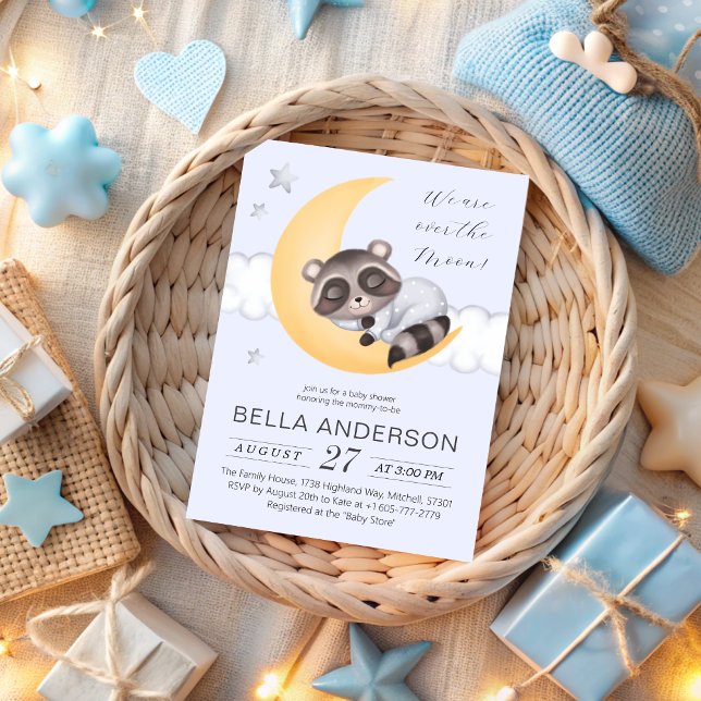 Dreamy Over the Moon Raccoon Boy Baby Shower Invitation (Dreamy Over the Moon Raccoon Boy Baby Shower Invitation)