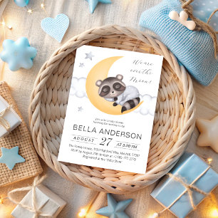 Dreamy Over the Moon Raccoon Boy Baby Shower Invitation