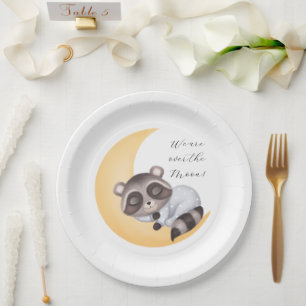 Dreamy Over the Moon Raccoon Boy Baby Shower Paper Plates