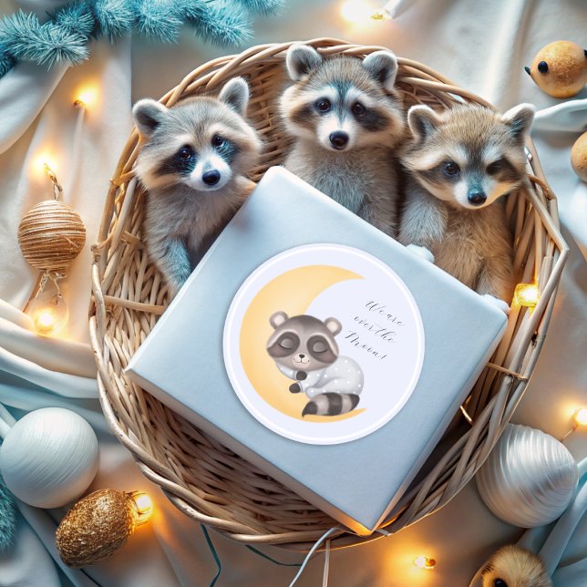 Dreamy Over the Moon Raccoon Boy Baby Shower Squar Classic Round Sticker (Dreamy Over the Moon Raccoon Boy Baby Shower Squar Classic Round Sticker)