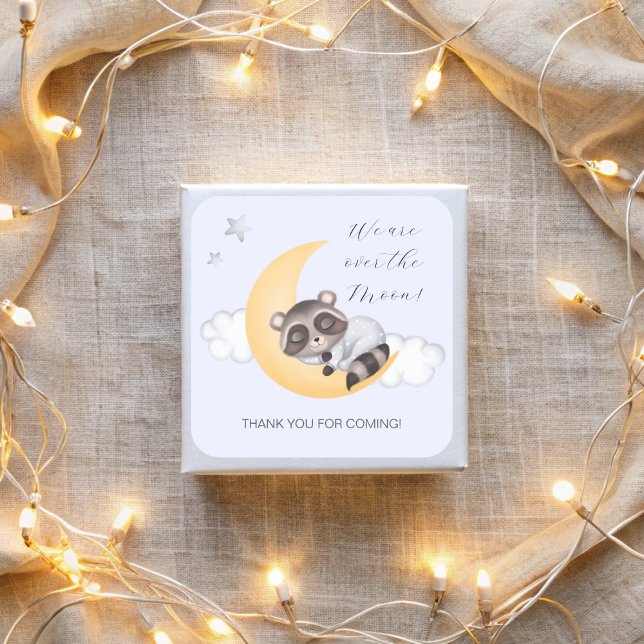 Dreamy Over the Moon Raccoon Boy Baby Shower Square Sticker (Dreamy Over the Moon Raccoon Boy Baby Shower Square Sticker)