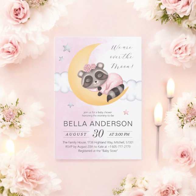 Dreamy Over the Moon Raccoon Girl Baby Shower Invitation (Dreamy Over the Moon Raccoon Girl Baby Shower Invitation)