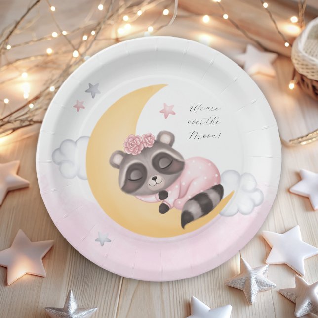 Dreamy Over the Moon Raccoon Girl Baby Shower Paper Plates (Dreamy Over the Moon Baby Shower Time Capsule Poster)