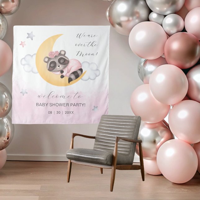 Dreamy Over the Moon Raccoon Girl Baby Shower Tapestry (Dreamy Over the Moon Raccoon Girl Baby Shower Tapestry)
