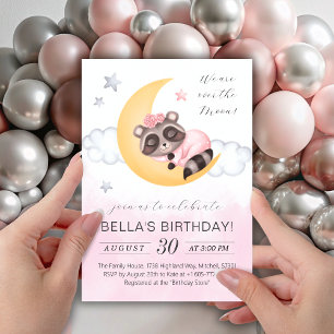 Dreamy Over the Moon Raccoon Girl Birthday Invitation