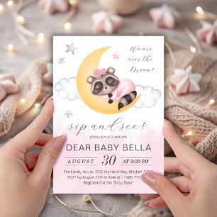Dreamy Over the Moon Raccoon Girl Sip and See Invitation