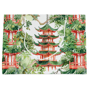 Dreamy Pagoda Forest Sage Watercolor Large Gift Bag