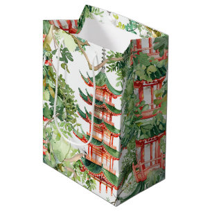 Dreamy Pagoda Forest Sage Watercolor Medium Gift Bag