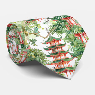 Dreamy Pagoda Forest Sage Watercolor Neck Tie