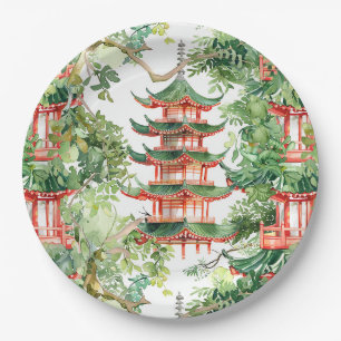 Dreamy Pagoda Forest Sage Watercolor Paper Plates