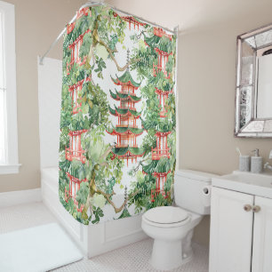 Dreamy Pagoda Forest Sage Watercolor Shower Curtain