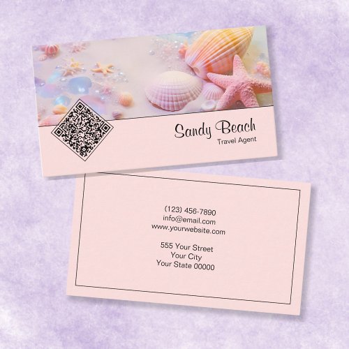 Dreamy Pastel Beach QR Code Tropical Travel Pink Business Card