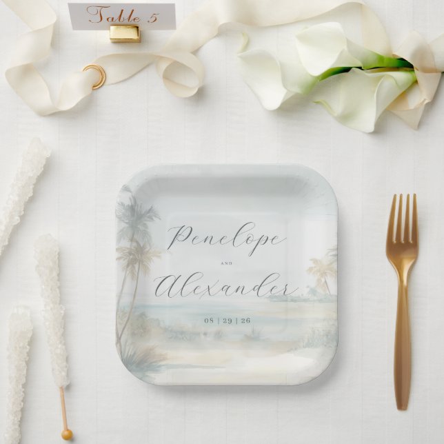 Dreamy Pastel Beach Scene Paper Plates (Wedding)