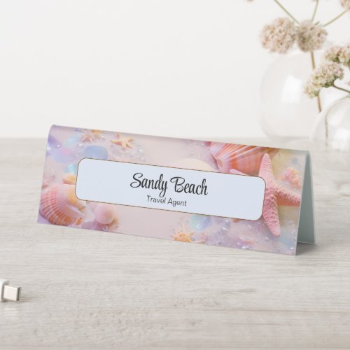 Dreamy Pastel Beach Seashells Blue Nameplate Table Tent Sign