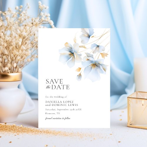 Dreamy Pastel Blue and Gold Wild Flowers Wedding Save The Date