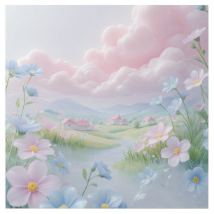 Dreamy Pastel Landscape Pink Clouds Blue Flowers  Gallery Wrap