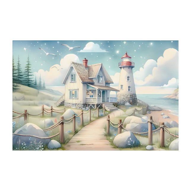 Dreamy Pastel Lighthouse by the Sea Acrylic Print (Front)