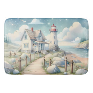 Dreamy Pastel Lighthouse by the Sea Bath Mat
