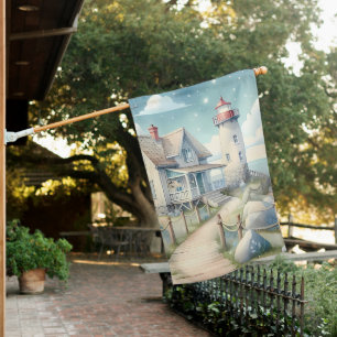 Dreamy Pastel Lighthouse by the Sea House Flag