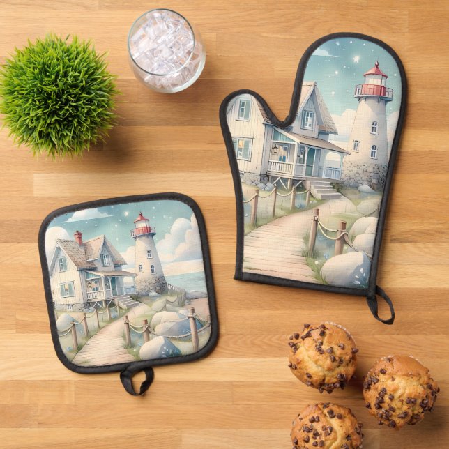 Dreamy Pastel Lighthouse by the Sea Oven Mitt & Pot Holder Set (Top Down)