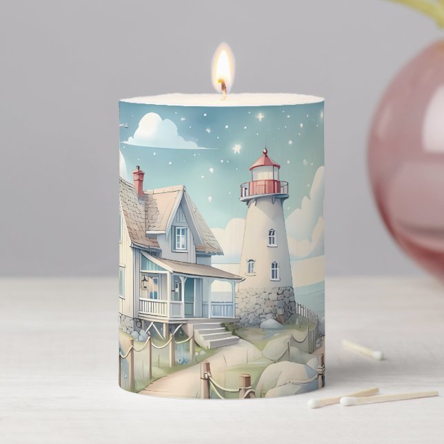 Dreamy Pastel Lighthouse by the Sea Pillar Candle (In Situ)