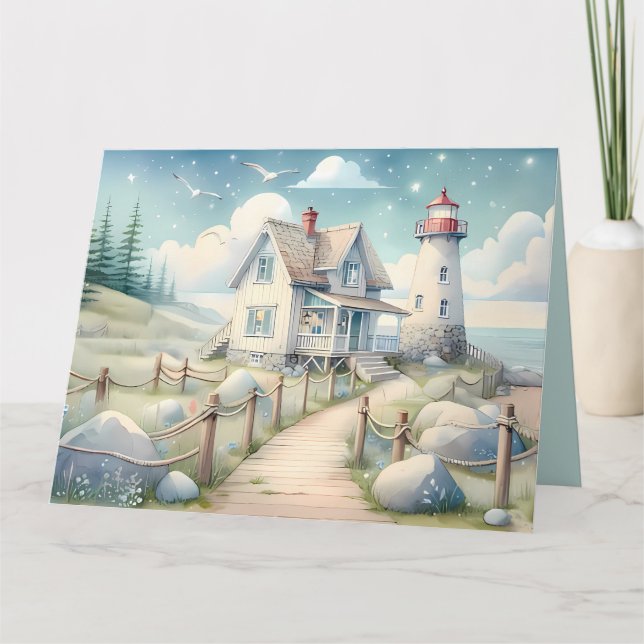 Dreamy Pastel Lighthouse by the Sea Thank You Card (Front)