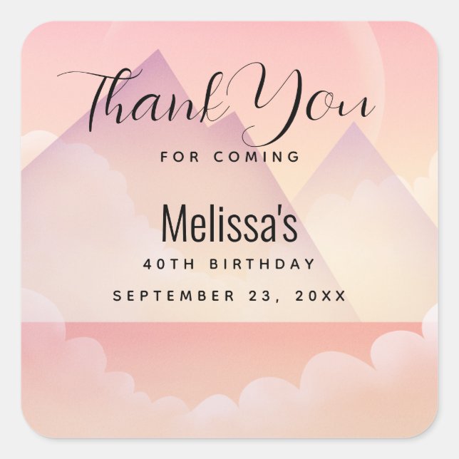 Dreamy Pastel Mountain Landscape Birthday Thanks Square Sticker (Front)