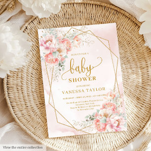 Dreamy pastel pink gold glitter floral baby invite