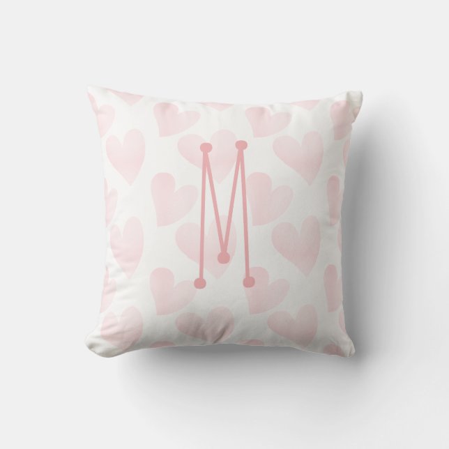 Dreamy Pastel Pink Hearts Monogrammed Throw Pillow (Front)