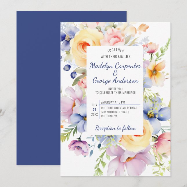 Dreamy Pastel Watercolor Florals Wedding Invitation (Front/Back)