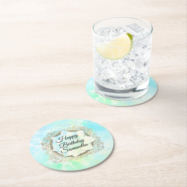 Dreamy Pastels Lotus Flower Personalized Birthday Round Paper Coaster (Insitu)