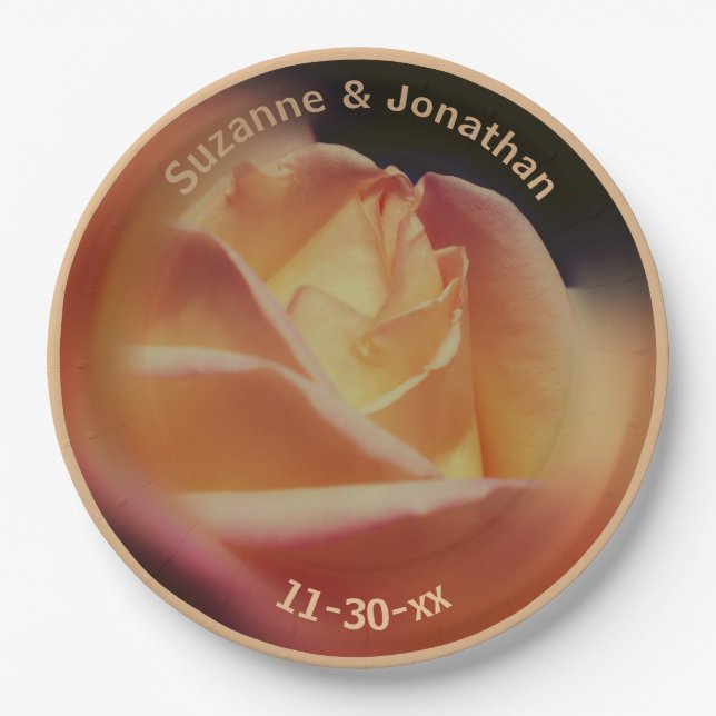 Dreamy Peach Rose Personalized Wedding Bridal Paper Plates (Front)