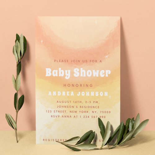 Dreamy Peach  Yellow Watercolor Sun Baby Shower Invitation