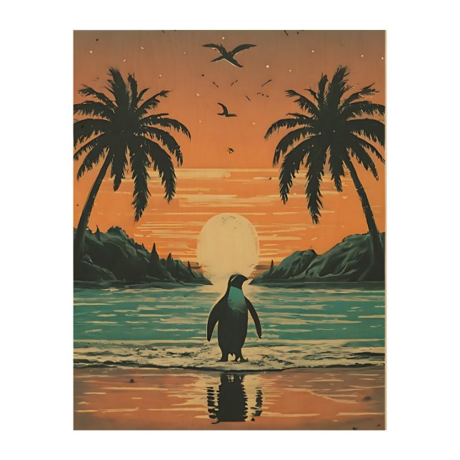 Dreamy Penguin Sunset Wall Art – Tropical Paradise (Front)