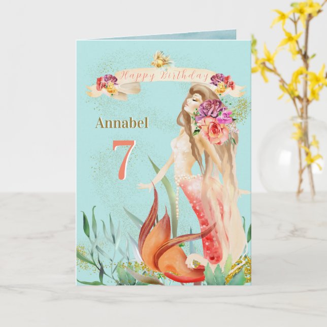 Dreamy personailsed watercolour Mermaid Birthday Card (Yellow Flower)