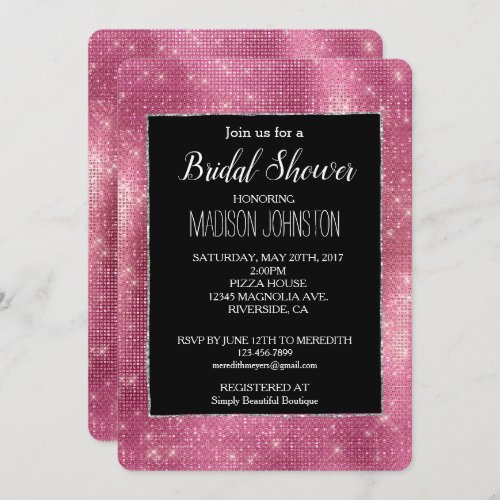Dreamy Pink Black Glitzy Silver Sparkle Bridal Invitation