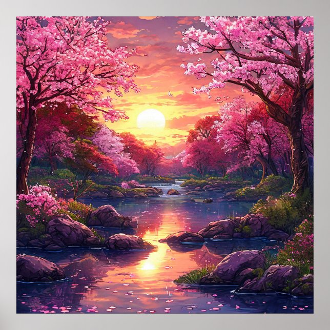 🌸 Dreamy Pink Blossom Tree Sunset Lake Serenity  Poster (Front)