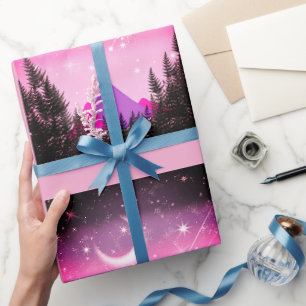 Dreamy Pink Celestial Night Forest Wrapping Paper