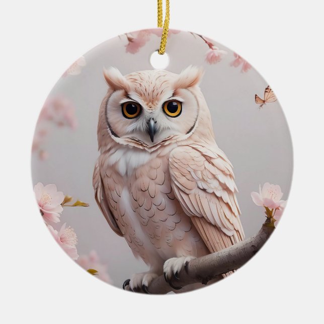 Dreamy Pink Cherry Blossoms Owl Ceramic Ornament (Front)