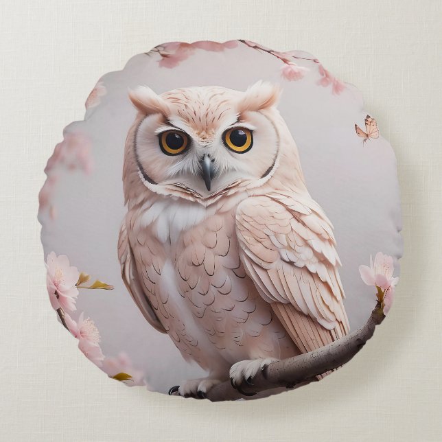 Dreamy Pink Cherry Blossoms Owl Round Pillow (Front)