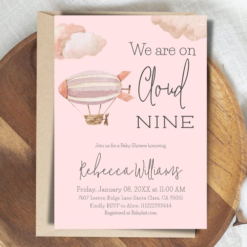 Dreamy Pink Cloud Nine Sky Themed Girl Baby Shower Invitation