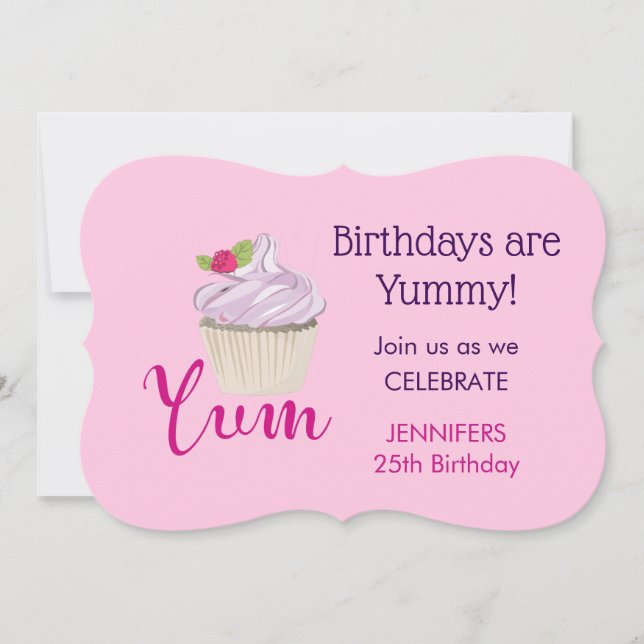 Dreamy Pink Cupcake with Raspberry Yum! Birthday Invitation (Front)