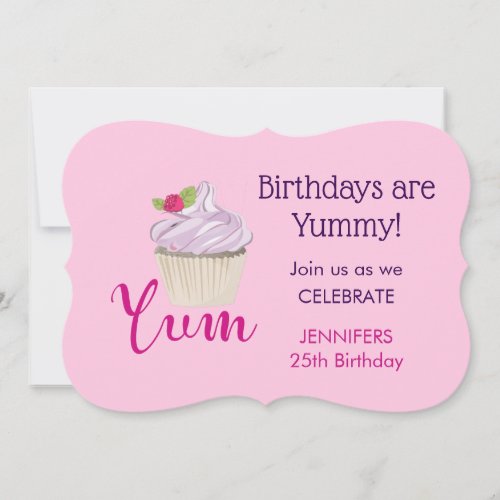 Dreamy Pink Cupcake with Raspberry Yum Birthday Invitation
