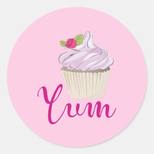 Dreamy Pink Cupcake with Raspberry Yum Classic Round Sticker
